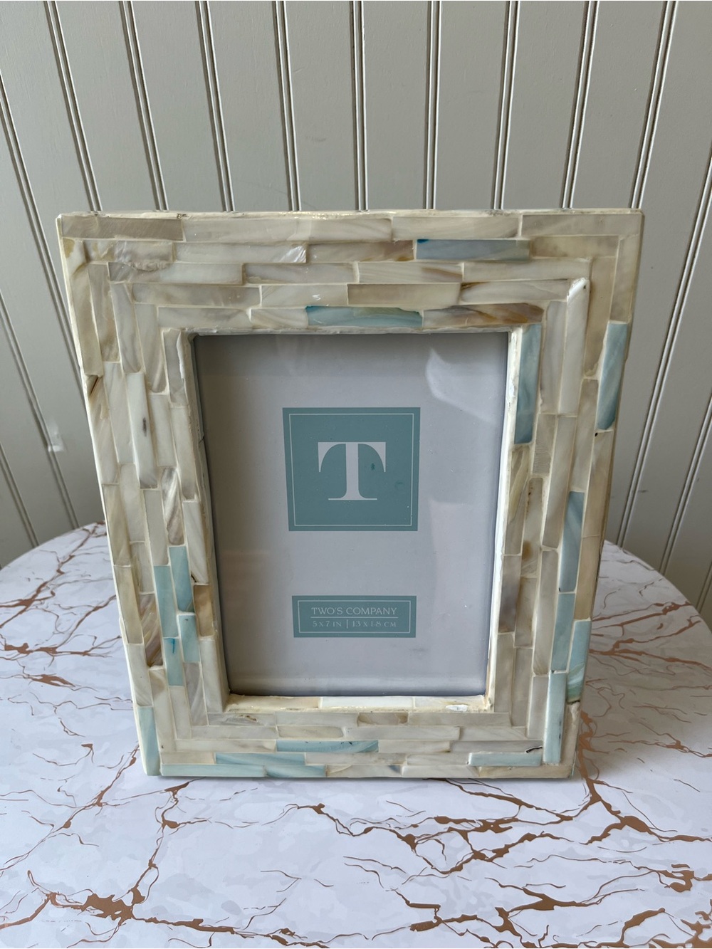 TWO’S COMPANY MOTHER OF PEARL PICTURE FRAME | 5x7 | BLUE/WHITE MOSIAC | NEW